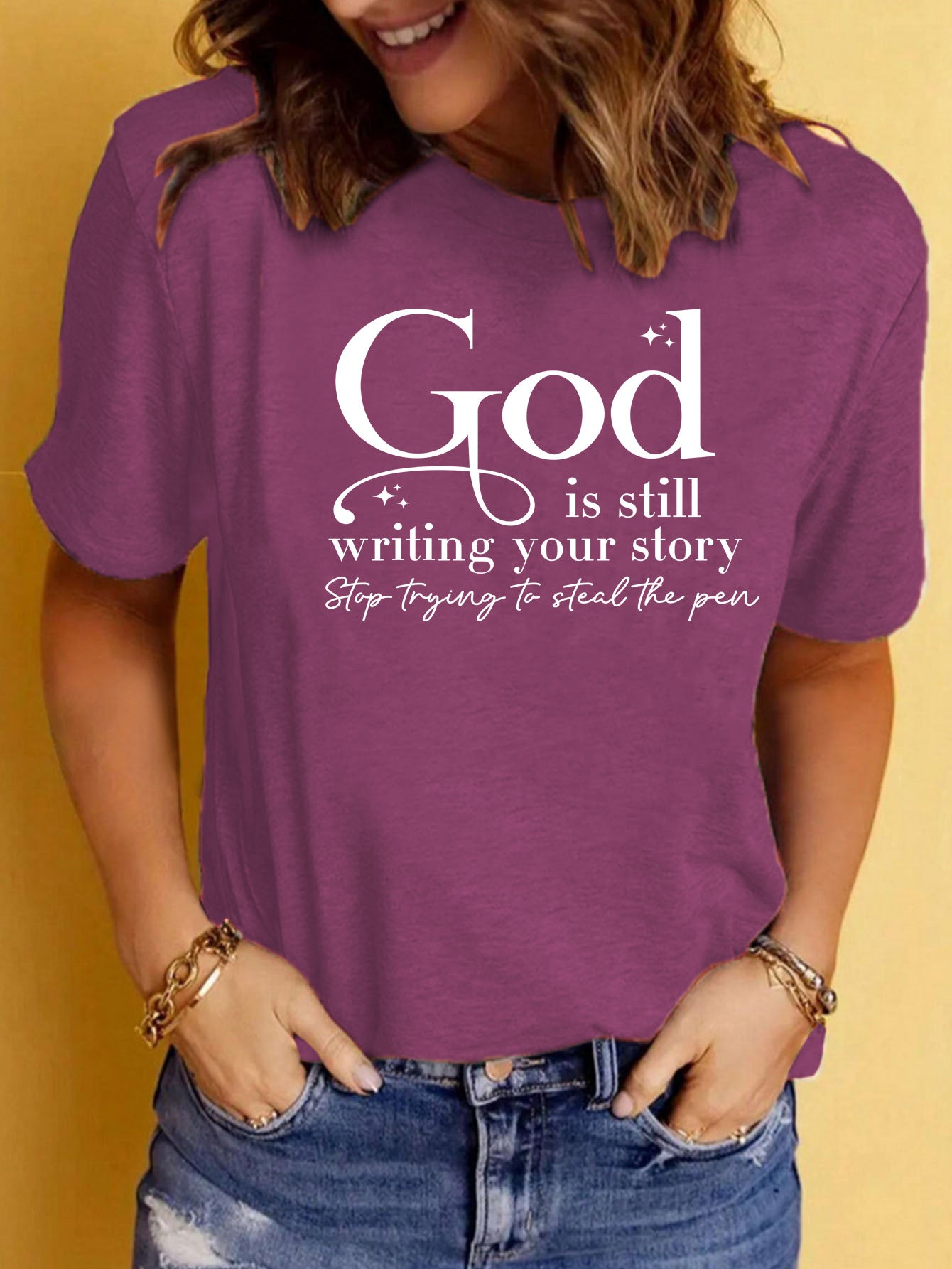 God is Still Writing Your Story' Inspirational Slogan Printed Round Neck T-Shirt