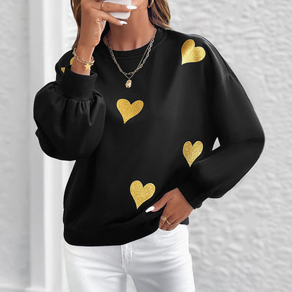 Gold Heart Printed Black Sweatshirt | Loose Fit Round Neck Long Sleeve Pullover