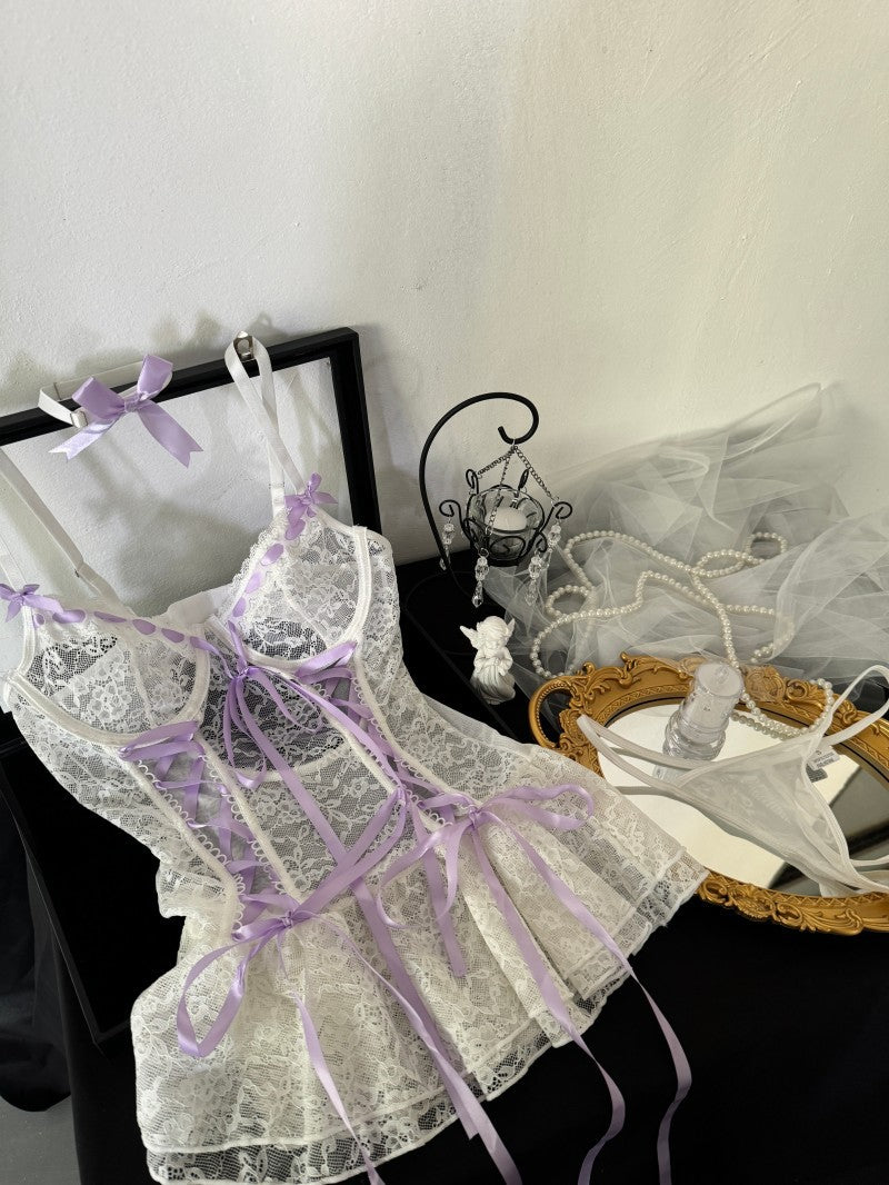 White Lace Babydoll Lingerie Set with Purple Ribbon & Mini Skirt