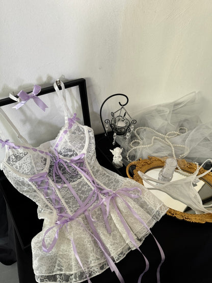 White Lace Babydoll Lingerie Set with Purple Ribbon & Mini Skirt