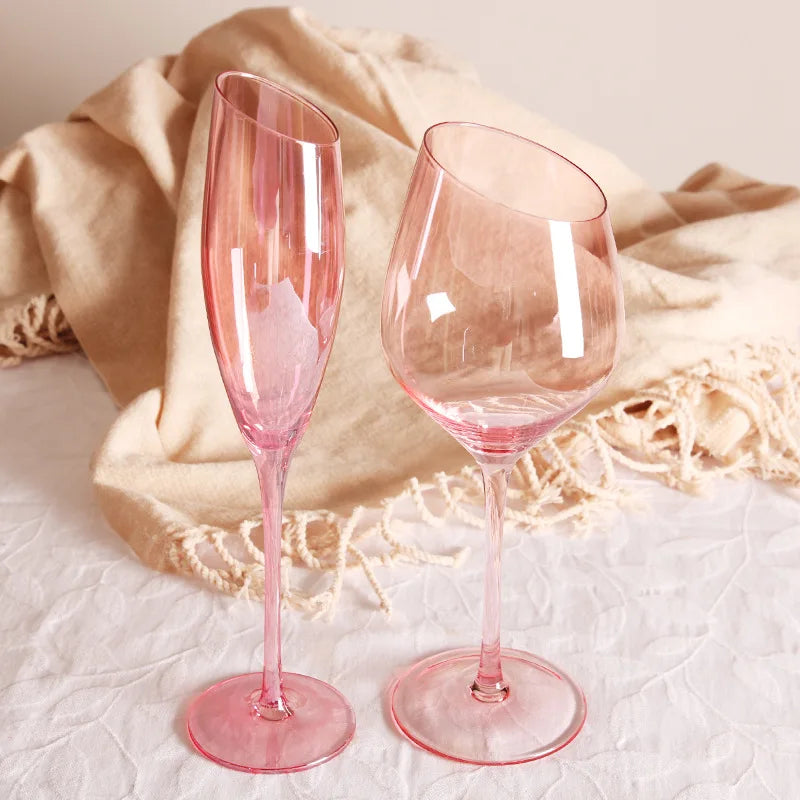 Pink Crystal Bordeaux Wine Glasses | Slanted Rim High-Value Water Cup Set | Aesthetic Home Decor