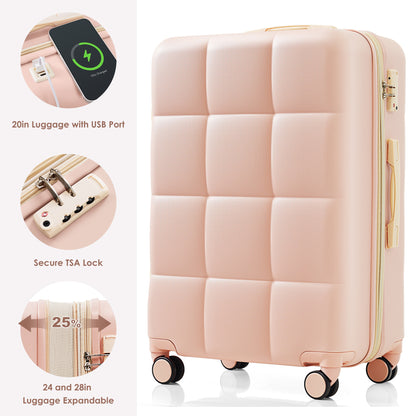 20-Inch ABS Hardshell Carry-on Suitcase with USB Charging Port & Cup Holder - Pink