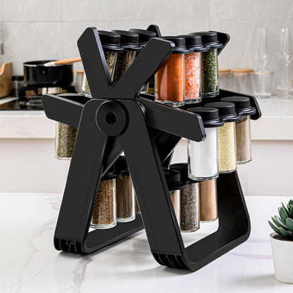 Rotating Ferris Wheel Spice Rack Set - 18 Glass Seasoning Bottles & Jars Organizer