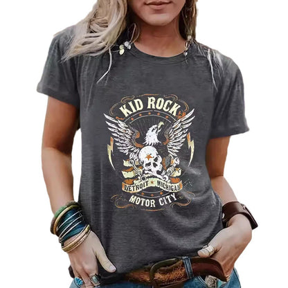 Vintage Eagle Pattern Round Neck Short Sleeved T-Shirt | Graphic Print Top for Men/Women