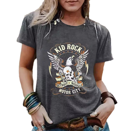 Vintage Eagle Pattern Round Neck Short Sleeved T-Shirt | Graphic Print Top for Men/Women