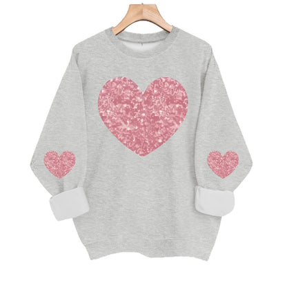 Pink Glitter Heart Print Grey Sweatshirt | Cozy Long Sleeve Pullover for Women