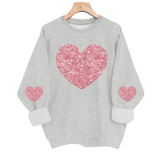 Pink Glitter Heart Print Grey Sweatshirt | Cozy Long Sleeve Pullover for Women