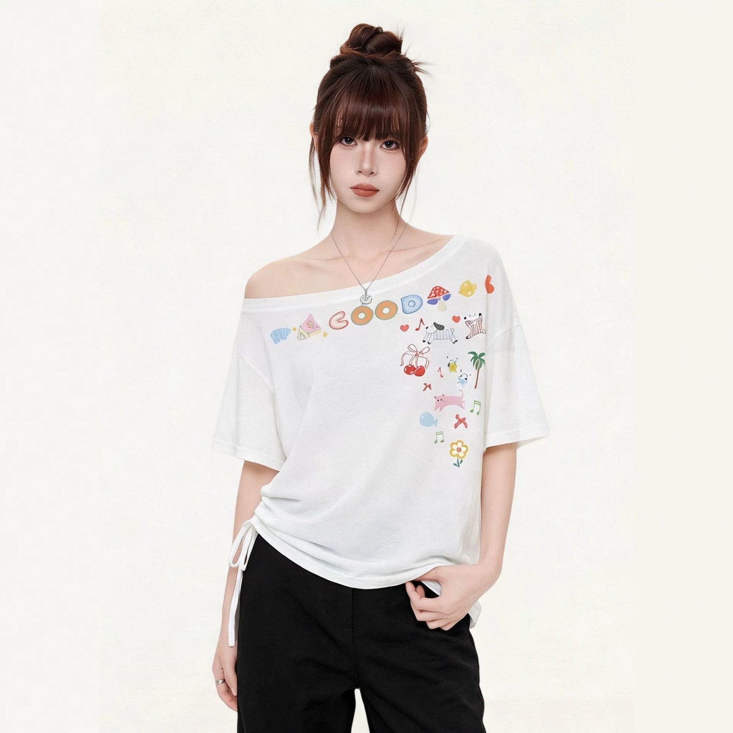 Women's Cute Cartoon Print Ruched Side Drawstring T-Shirt