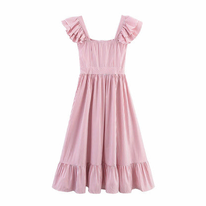 Single Breasted Striped Midi Dress - Ruffle Edge Waist Cinched Dress