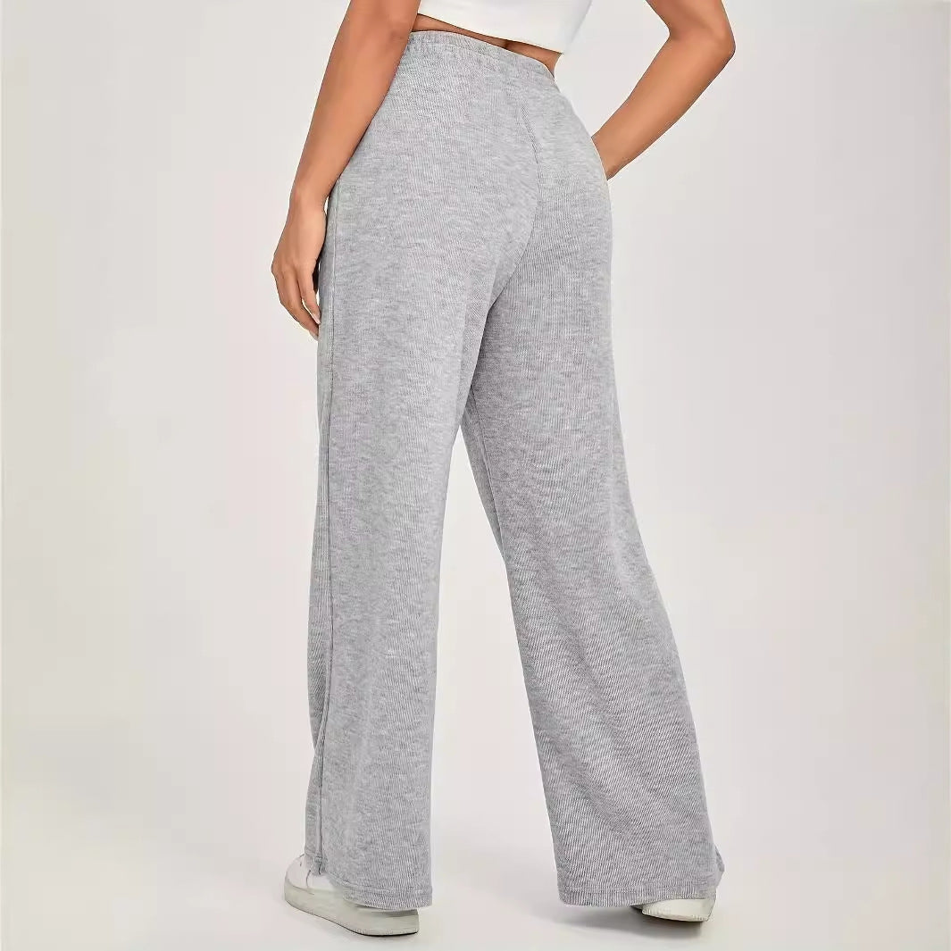 Cozy High Waisted Wide Leg Knit Trousers - Casual Lounge Pants