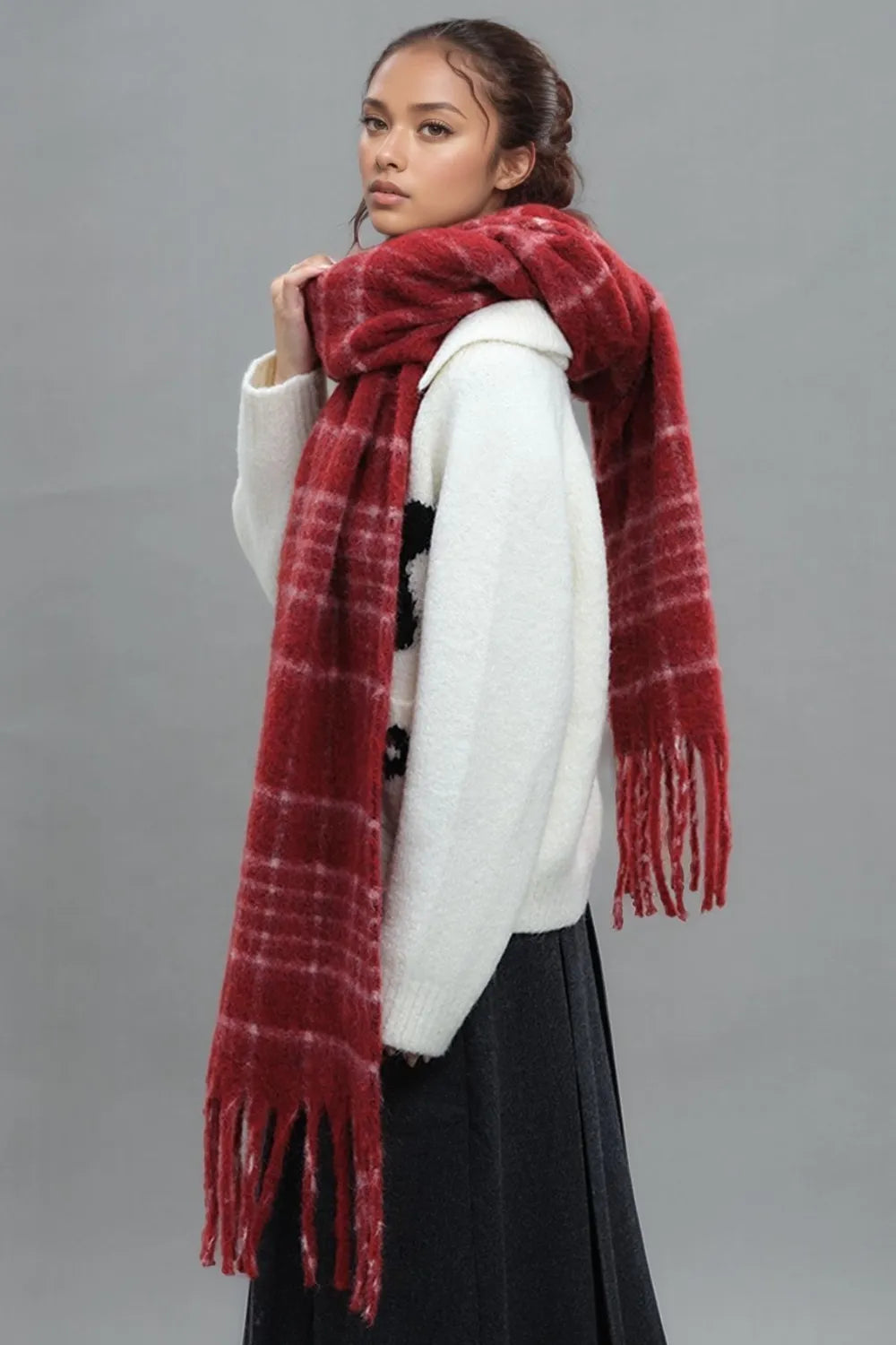 Women's Oversized Red Plaid Scarf | Soft Thermal Fringe Winter Shawl & Blanket Wrap