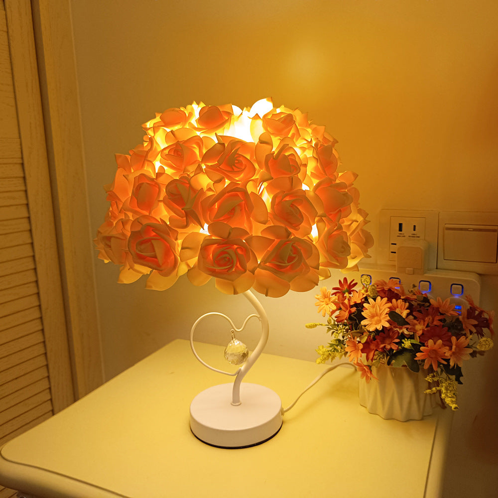 Romantic Rose Flower Heart-Shaped Table Lamp – Elegant Crystal Bedside Light for Wedding & Anniversary Gift