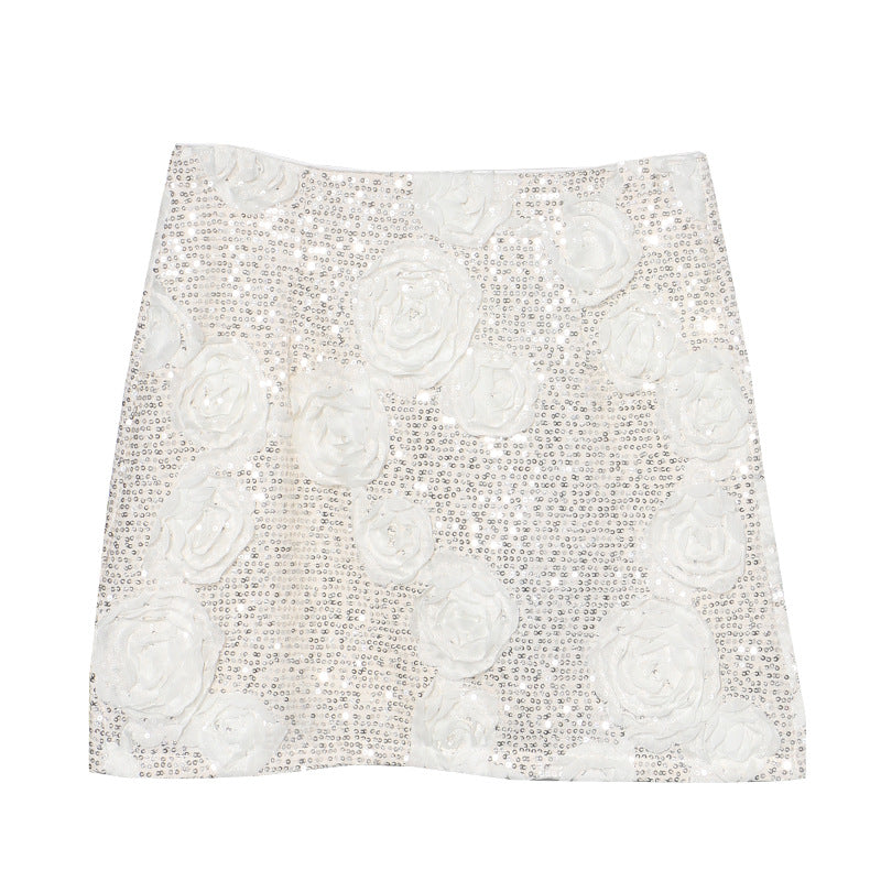 Glamorous White 3D Flower Sequin Mini Skirt - Elegant Floral Wrapped Hip Skirt