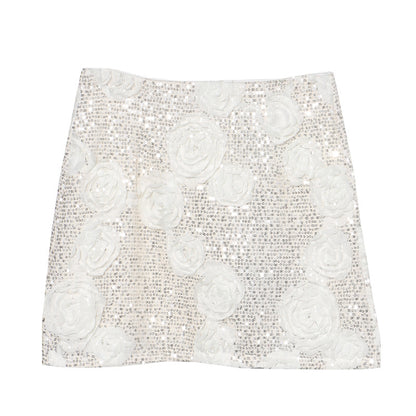 Glamorous White 3D Flower Sequin Mini Skirt - Elegant Floral Wrapped Hip Skirt