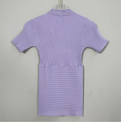 Chic V-Neck Ribbed Knit Short Sleeve Wrap Top