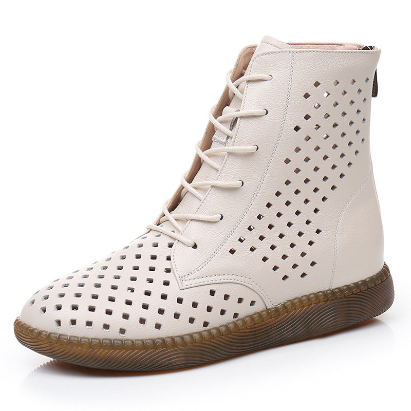 Women's Retro Hollowed Out Martin Boots – Soft Breathable Leather Flat Boots for All-Day Comfort