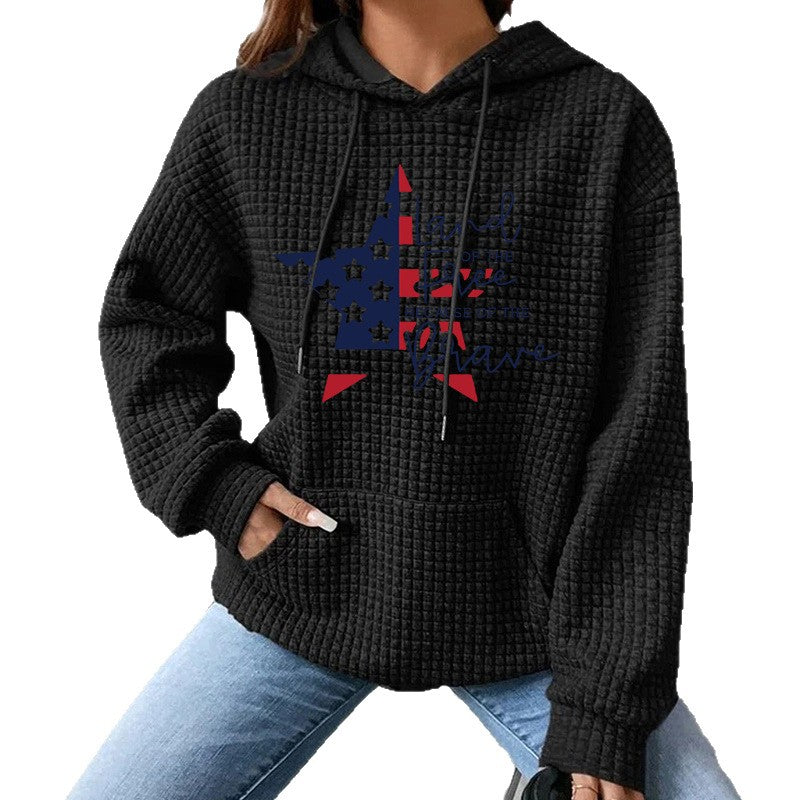 Waffle Knit Star/Flag Graphic Hoodie | Black Long Sleeve Hooded Pullover for Women