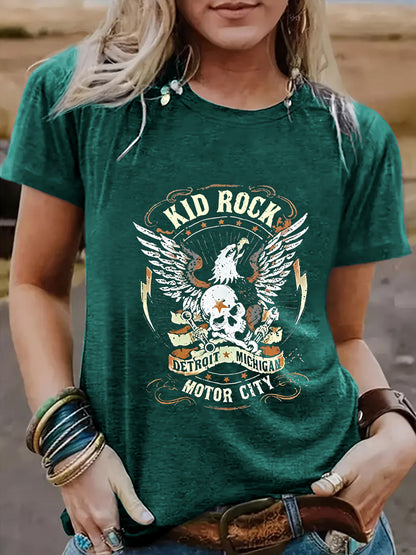 Vintage Eagle Pattern Round Neck Short Sleeved T-Shirt | Graphic Print Top for Men/Women