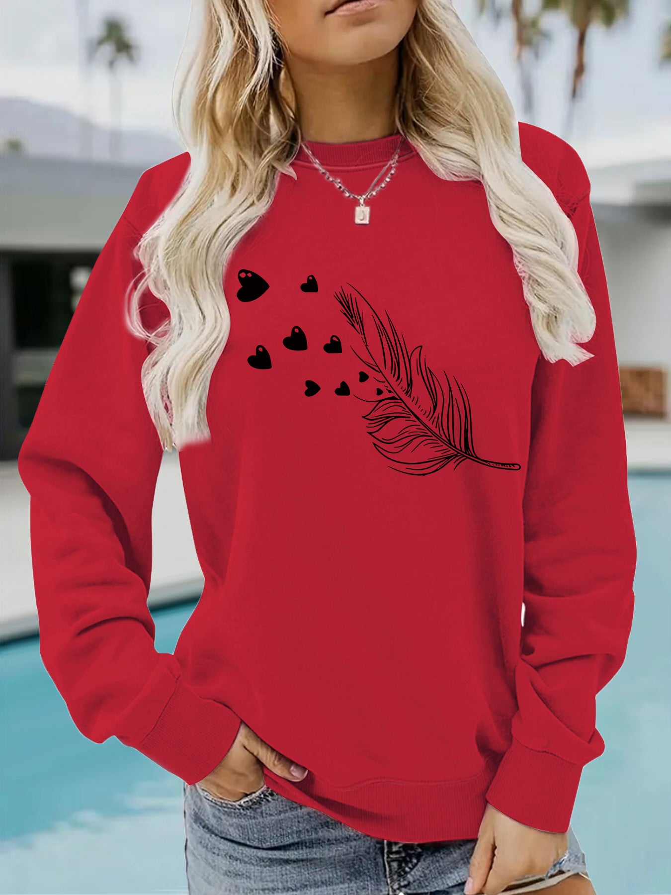 Feather & Heart Print Grey Sweatshirt | Cozy Long Sleeve Pullover for Women