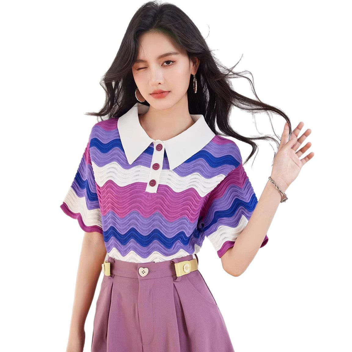 Women's Lightweight Knit Short Sleeve Polo - Unique Purple Pattern Loose Top