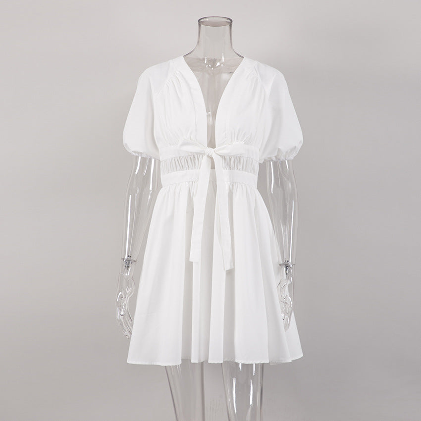 Sexy Deep V-Neck White Mini Dress - Elegant Puff Sleeve Cut-Out Waist Summer Skirt for Women