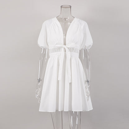 Sexy Deep V-Neck White Mini Dress - Elegant Puff Sleeve Cut-Out Waist Summer Skirt for Women