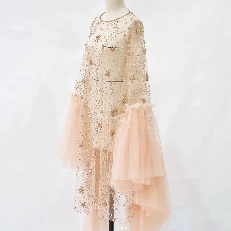 Sparkly Star Mesh Cover-Up Dress - Elegant Flare Sleeve Sheer Party Outfits for Women