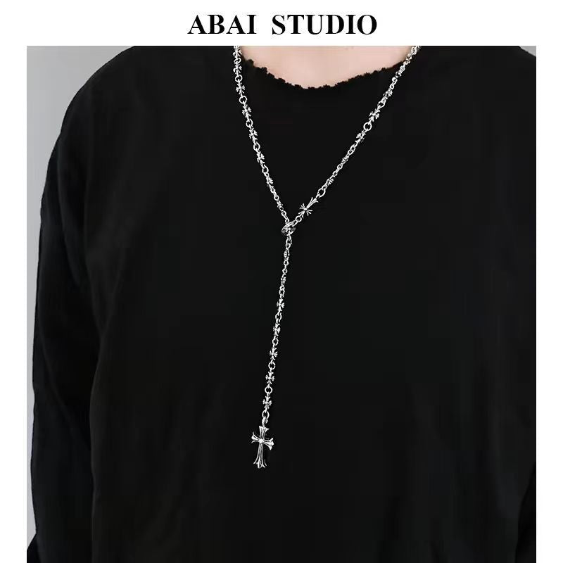 Ornate Silver Tone Cross Pendant Rosary Style Necklace