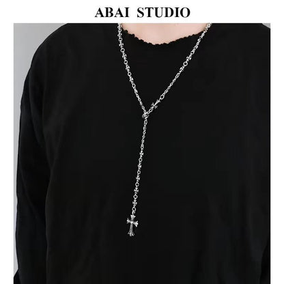 Ornate Silver Tone Cross Pendant Rosary Style Necklace
