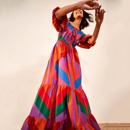 Vibrant Boho Geometric Patchwork Maxi Dress with Smocked Bust