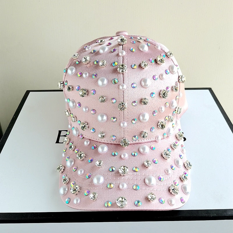 Elegant Pearl & Rhinestone Luxury Baseball Cap for Women - Adjustable Fashion Sun Hat