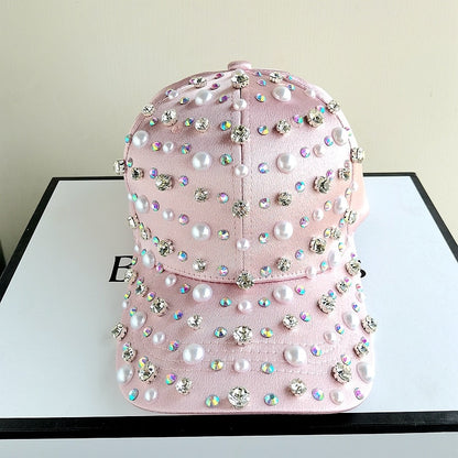 Elegant Pearl & Rhinestone Luxury Baseball Cap for Women - Adjustable Fashion Sun Hat