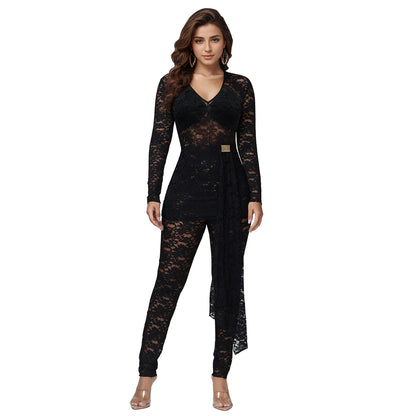 Alluring Sheer Lace Floral Jumpsuit - Elegant Long Sleeve See-Through Party Bodysuit