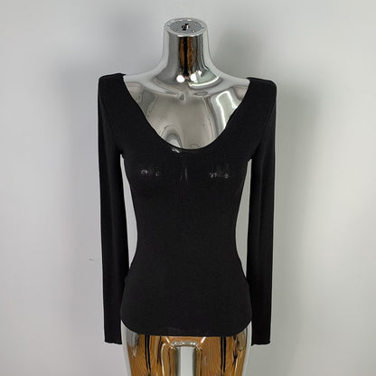 Chic Ribbed Long Sleeve V-Neck Top - Slim Fit Solid Grey Casual Base Layer