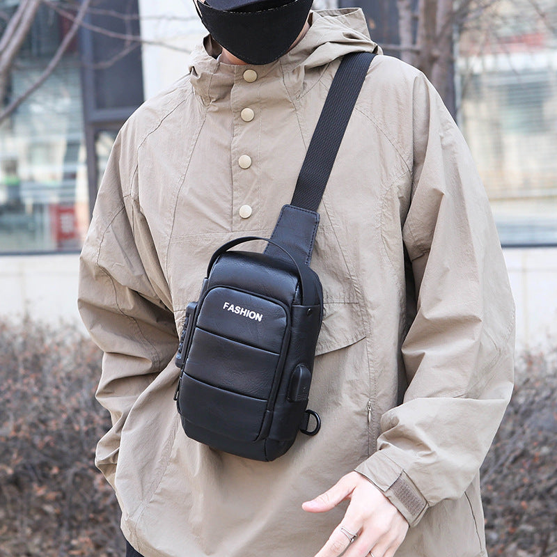 Men's Waterproof Faux Leather Chest Sling Bag with USB Charging Port