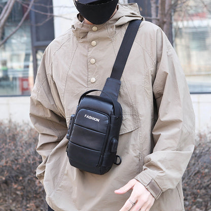 Men's Waterproof Faux Leather Chest Sling Bag with USB Charging Port