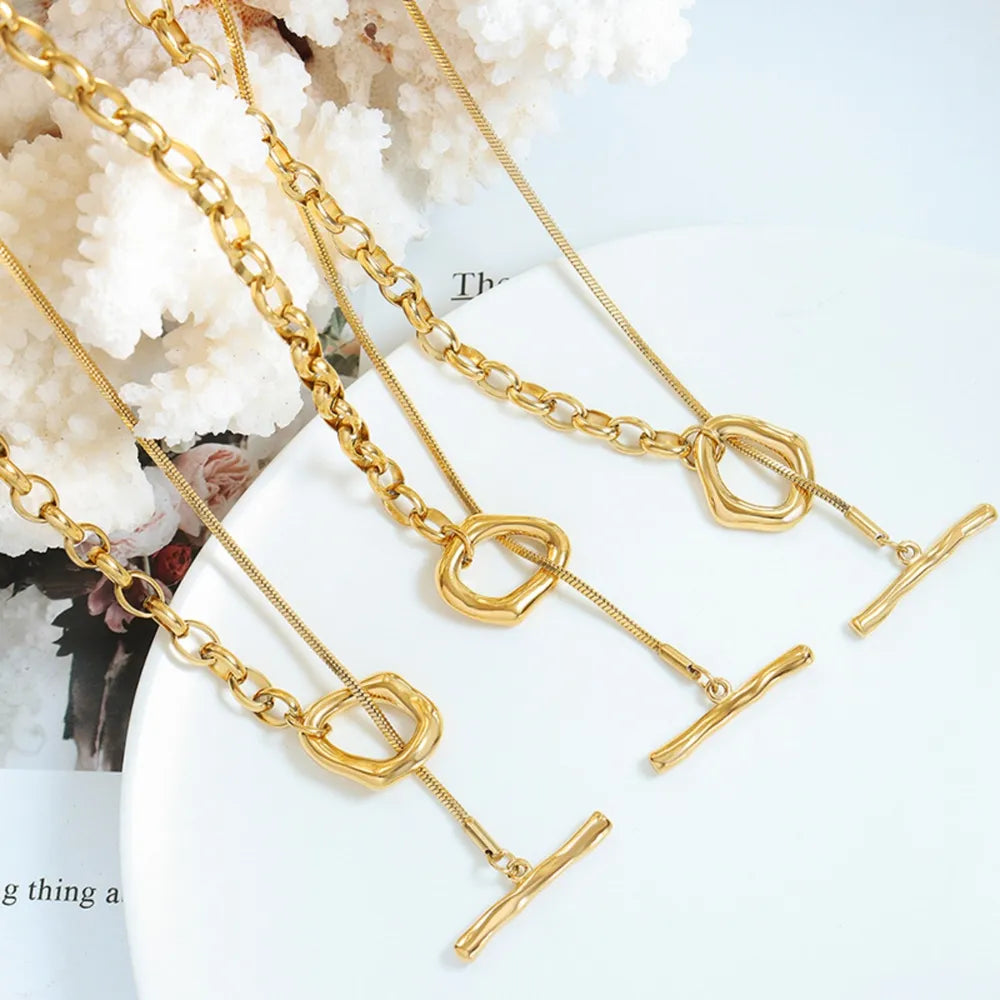 Long Titanium Steel Double Ring Pendant Necklace