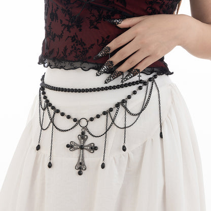 Gothic Multi-Layer Cross & Crystal Tassel Waist Chain - Dark Wind Body Jewelry