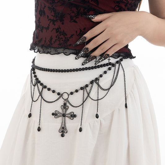 Gothic Multi-Layer Cross & Crystal Tassel Waist Chain - Dark Wind Body Jewelry