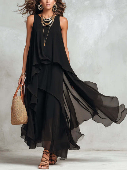 Elegant Layered Loose Black Chiffon Dress - Casual Summer Holiday Long Dress