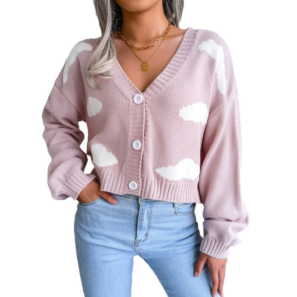Dreamy Cloud Print Knitted Cardigan - Soft V-Neck Button-Up Sweater