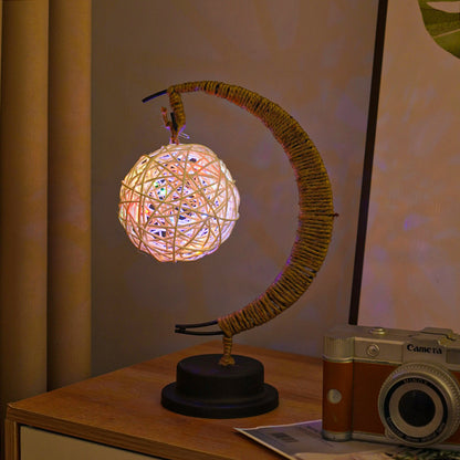 LED Star in Moon Night Light with Hemp Rope and Iron Art Base
