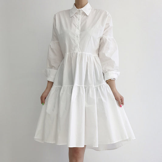 Chic Korean Style White Shirt Dress - Loose Fit Puff Sleeve Tiered Mini Dress for Women