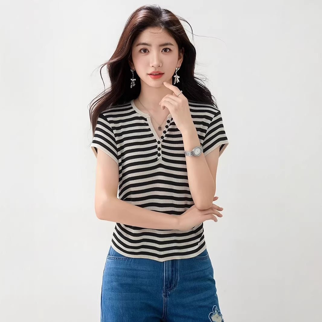 Women's Striped Knitted Short Sleeve Top - Chic Slim Fit V-Neck Shirt