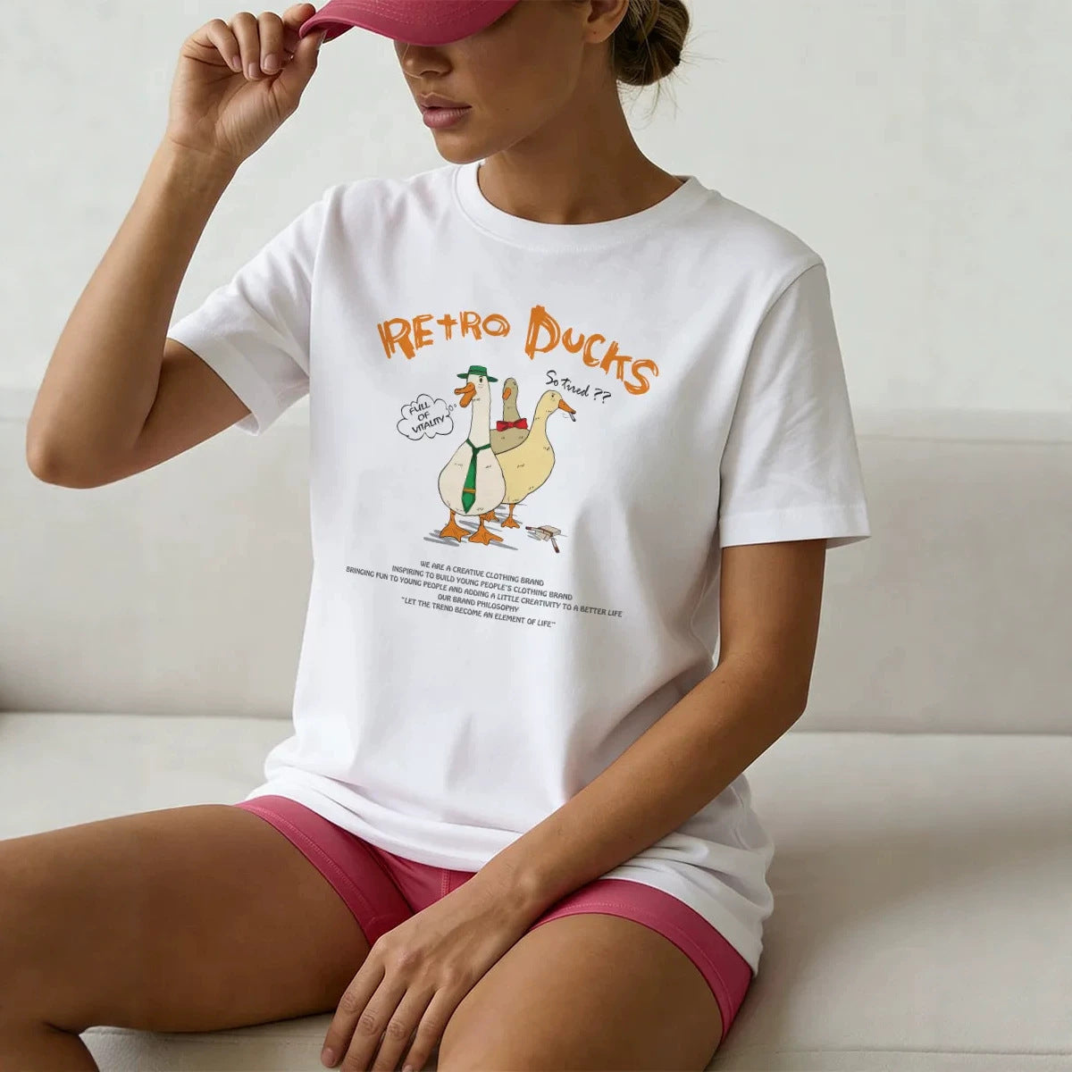 Women's Casual White Cute Duck Print Short Sleeved Tee