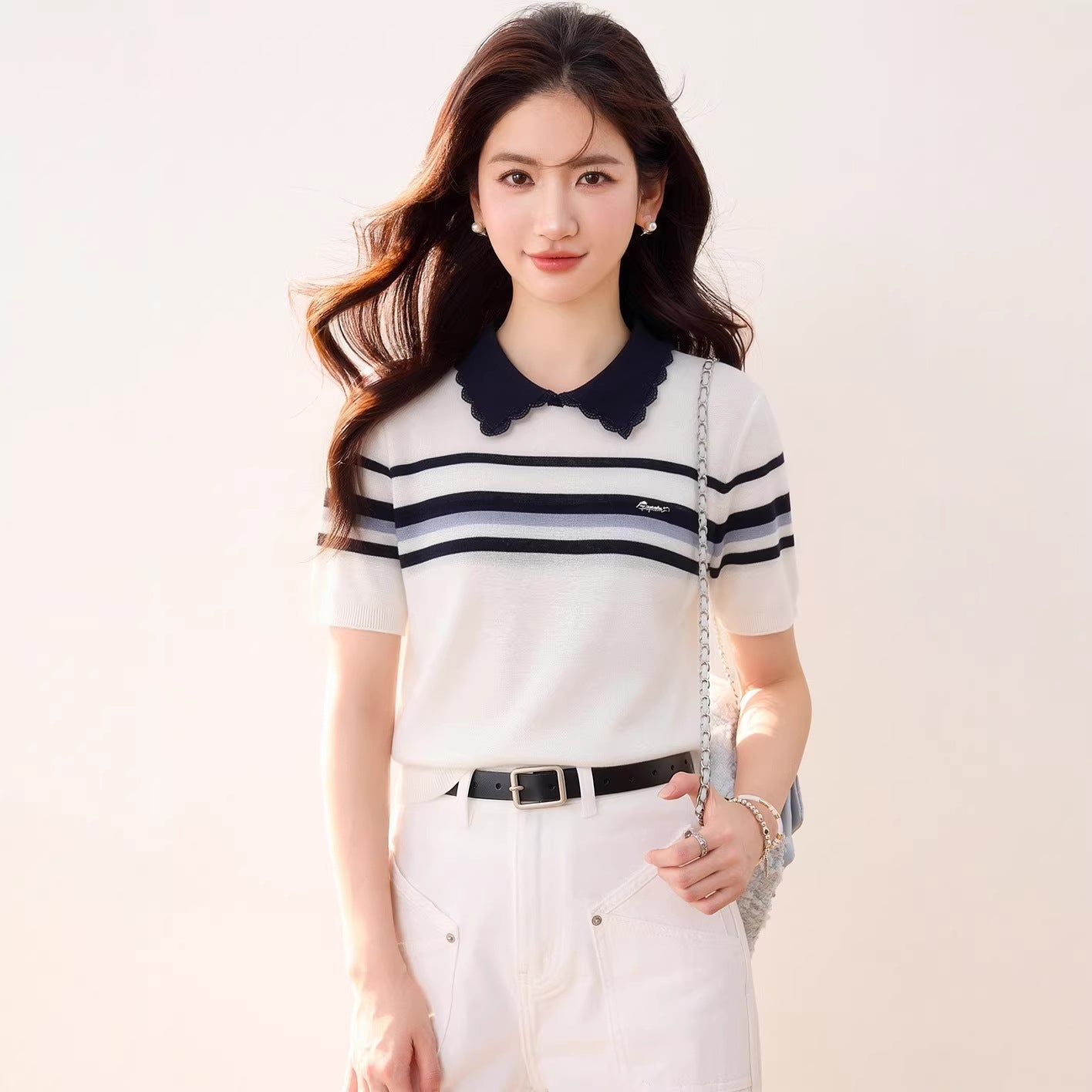 Women's Color-Blocking Stripe Knit Top - Casual Short Sleeve Workwear Shirt