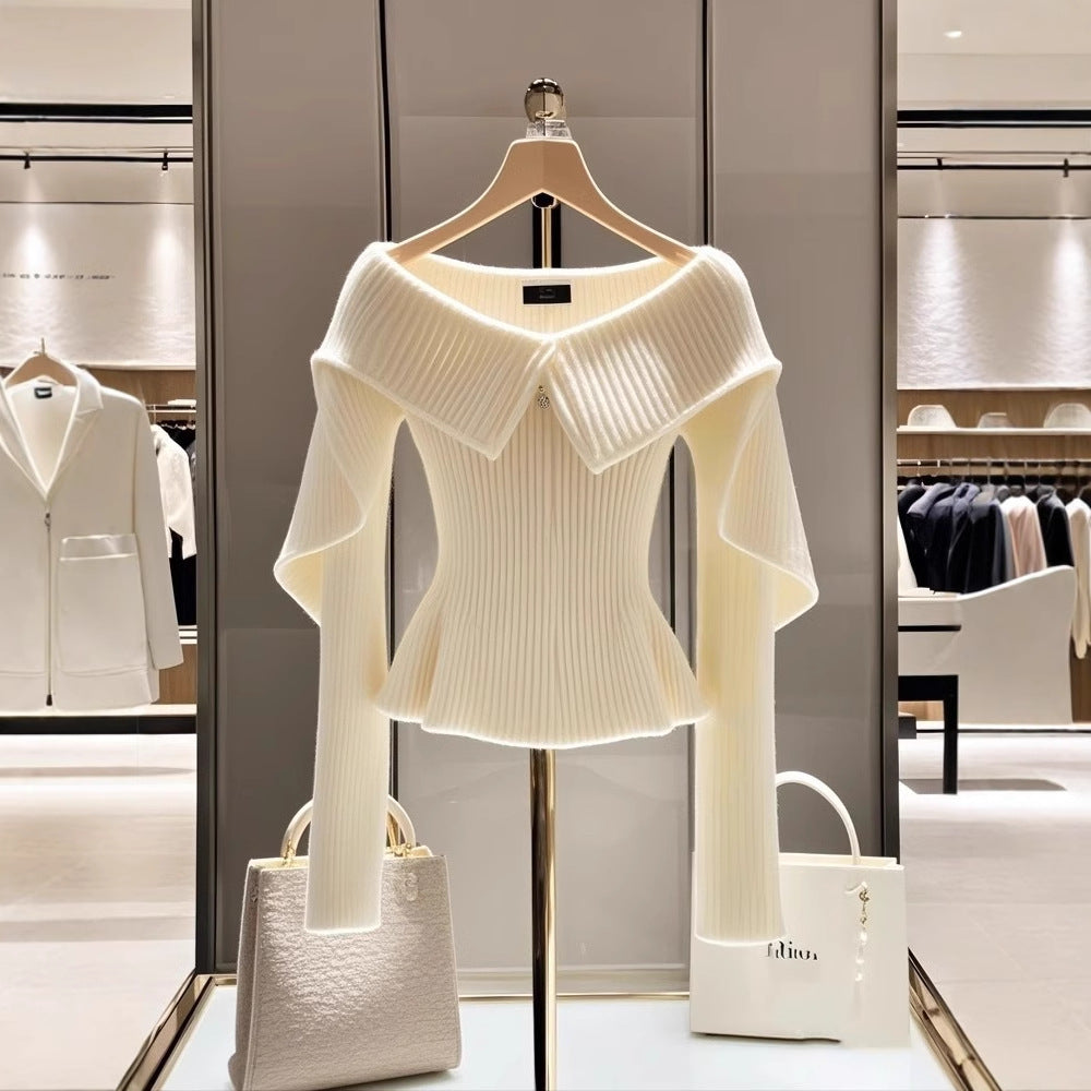 Women's Unique Fold-Over Collar Knitted Sweater - Sophisticated White