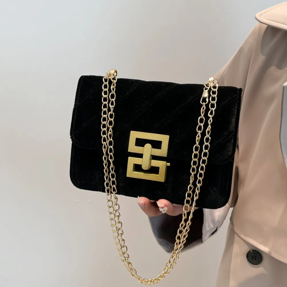 Black Velvet Chain Strap Shoulder Bag with Gold Hardware