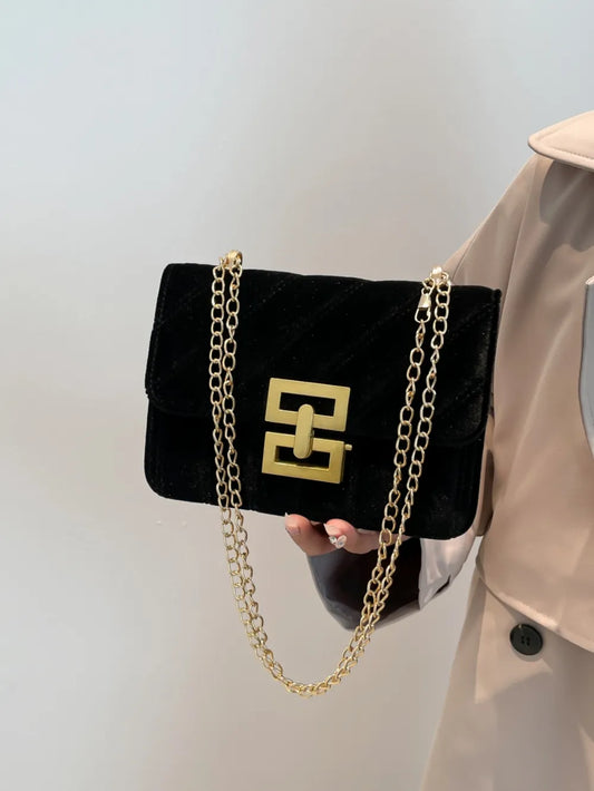 Black Velvet Chain Strap Shoulder Bag with Gold Hardware