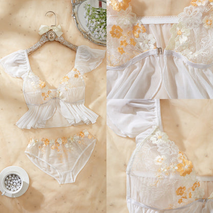 Sexy Perspective Mesh Underwear Set - Cap Sleeve Ruffle Top and Panty